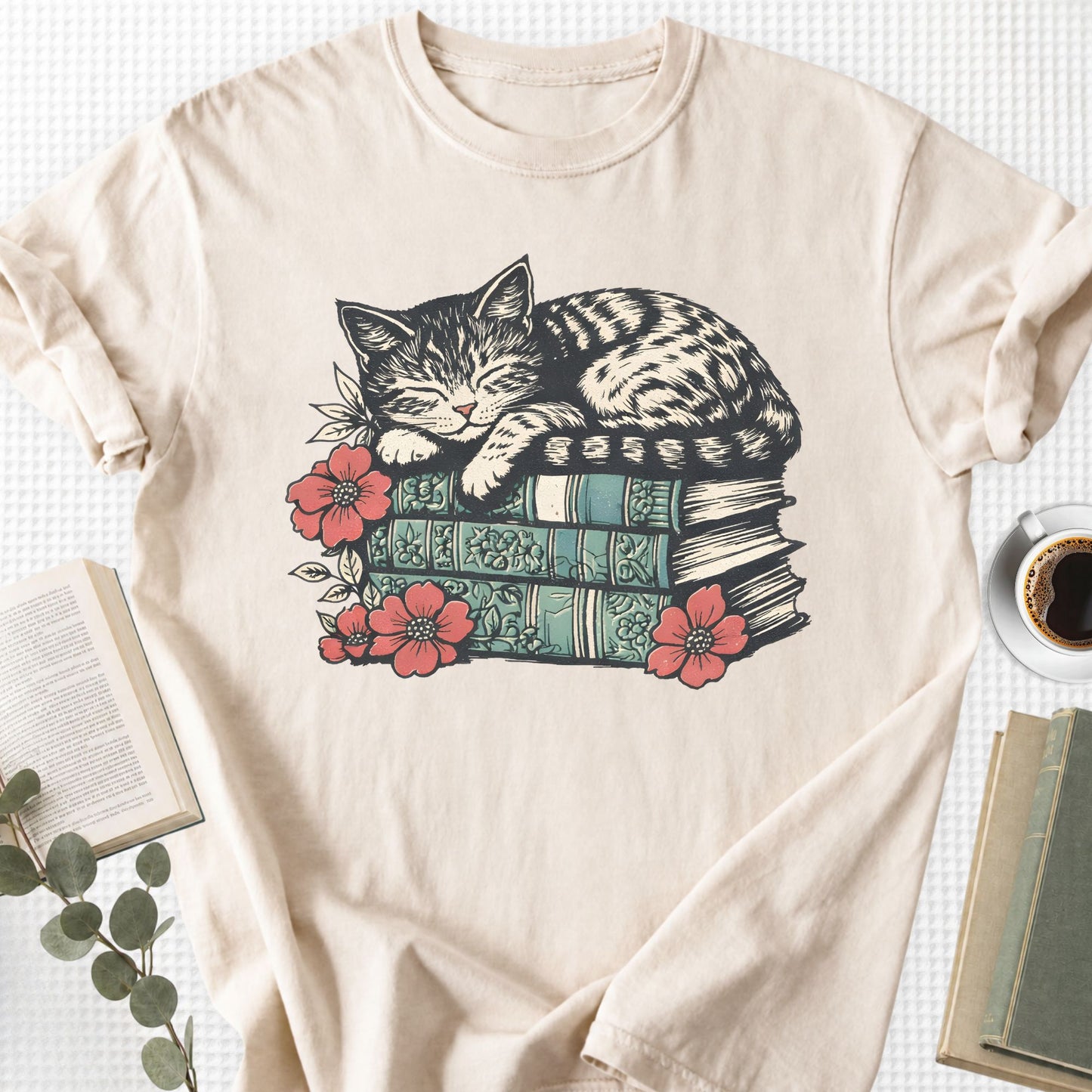 Sleeping Cat Books Floral Unisex T-Shirt, Cat Mom Book Lover Gift