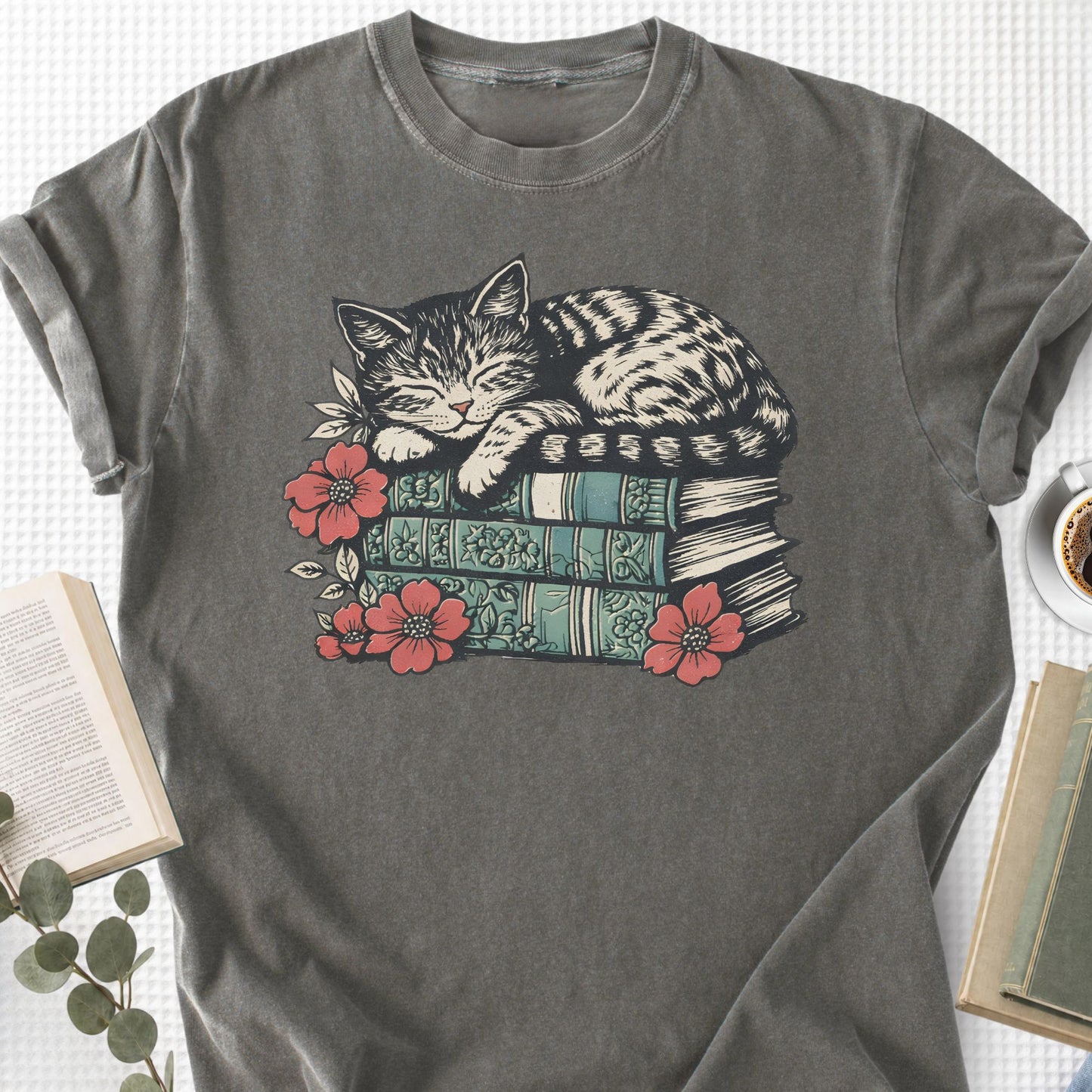 Sleeping Cat Books Floral Unisex T-Shirt, Cat Mom Book Lover Gift