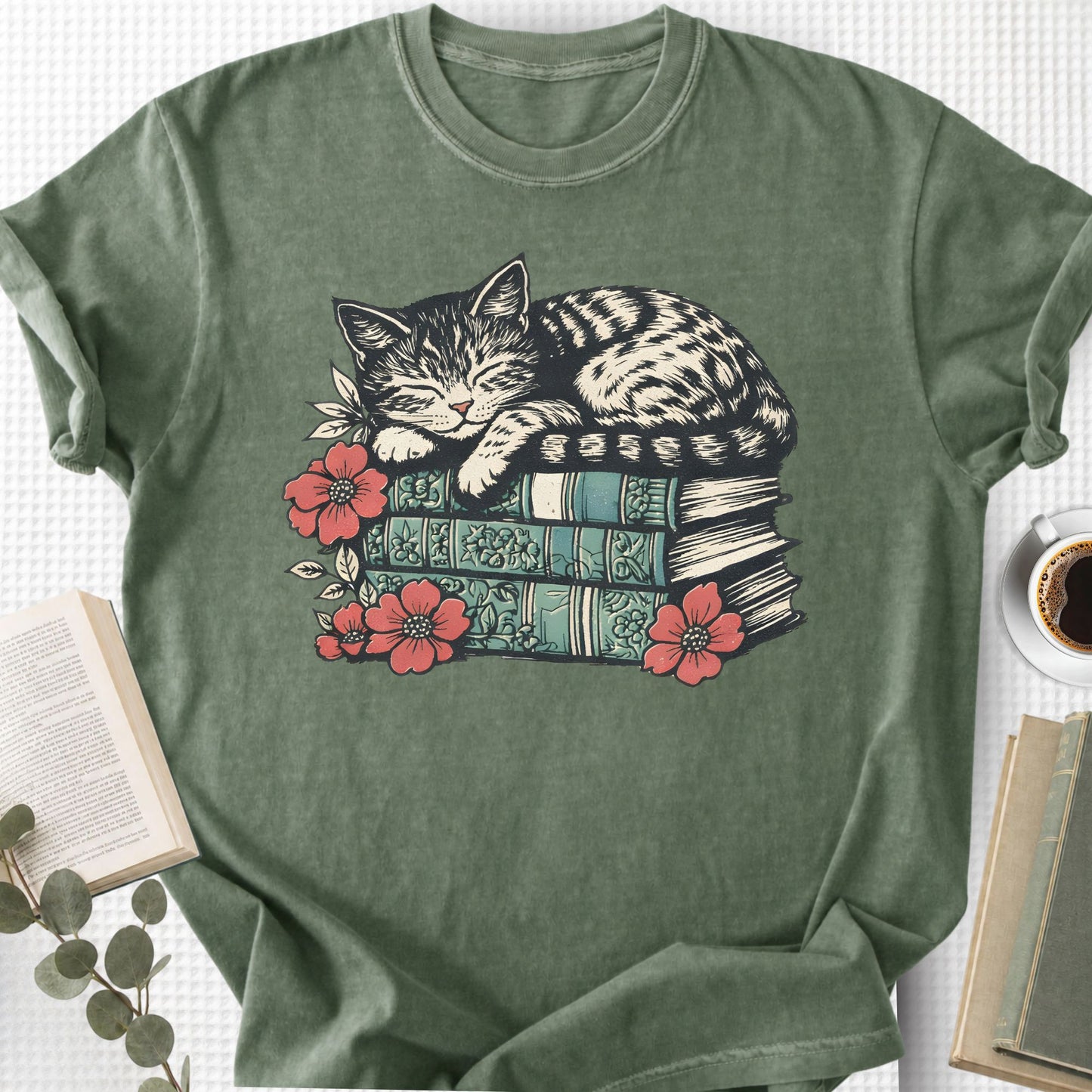 Sleeping Cat Books Floral Unisex T-Shirt, Cat Mom Book Lover Gift