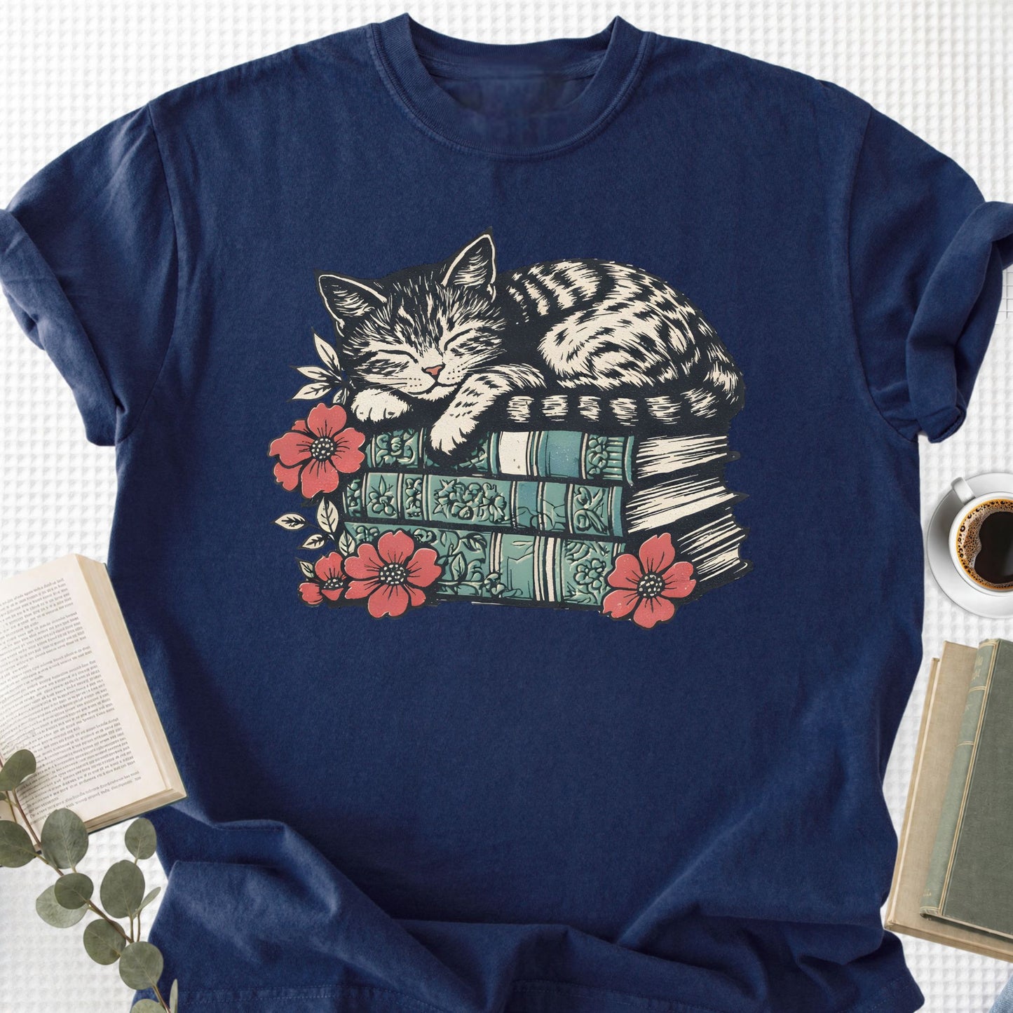 Sleeping Cat Books Floral Unisex T-Shirt, Cat Mom Book Lover Gift