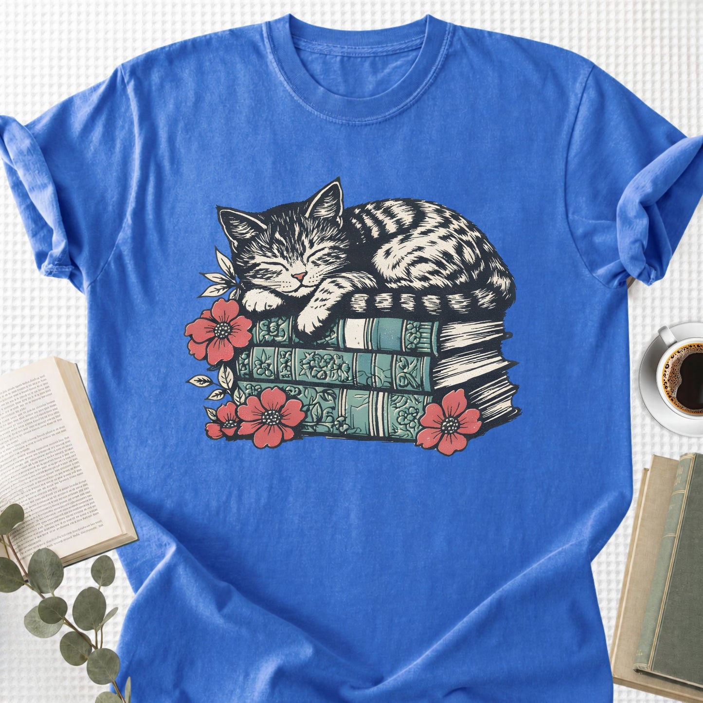 Sleeping Cat Books Floral Unisex T-Shirt, Cat Mom Book Lover Gift