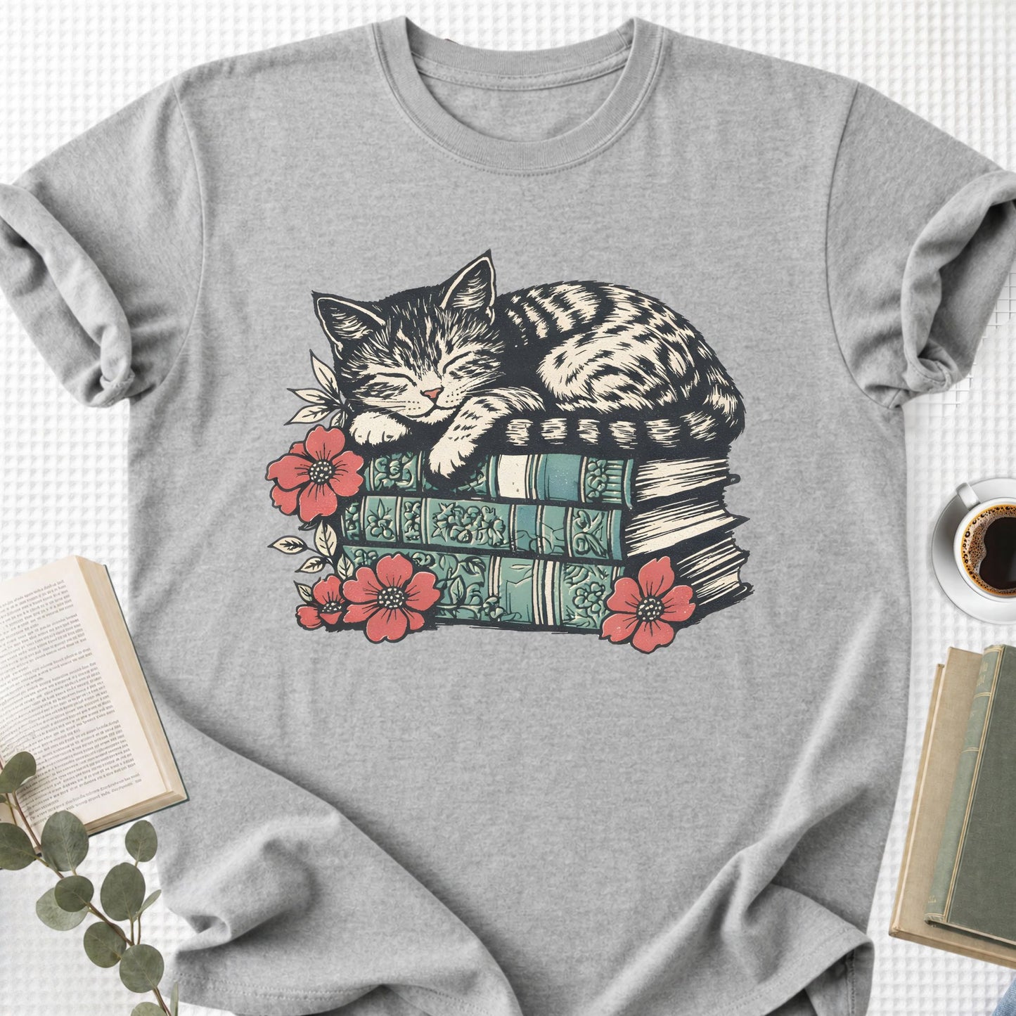 Sleeping Cat Books Floral Unisex T-Shirt, Cat Mom Book Lover Gift