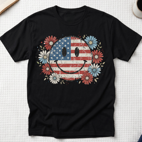 Patriotic Smiley Floral Flag T-Shirt, 4th of July Tee MemorablyMade