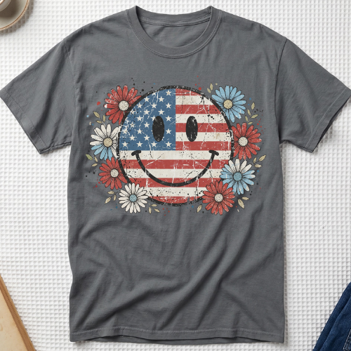 Patriotic Smiley Floral Flag T-Shirt, 4th of July Tee MemorablyMade