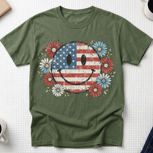 Patriotic Smiley Floral Flag T-Shirt, 4th of July Tee MemorablyMade
