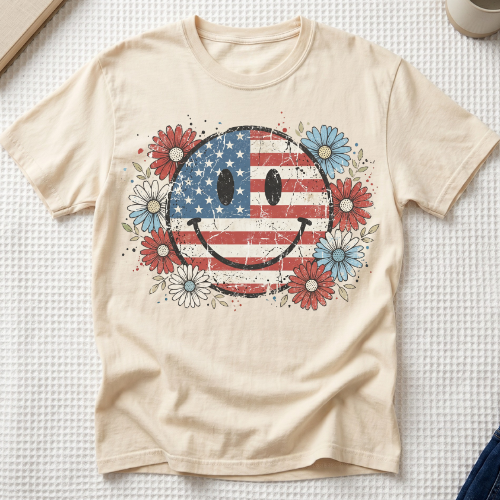 Patriotic Smiley Floral Flag T-Shirt, 4th of July Tee MemorablyMade