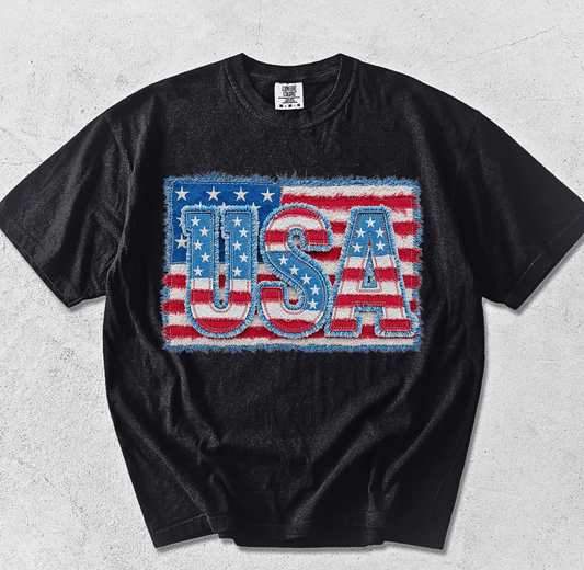 Faux Patchwork American Flag Shirt | 4th of July 2026 Gift | Printed Patch Design NOT Embroidered - MemorablyMade