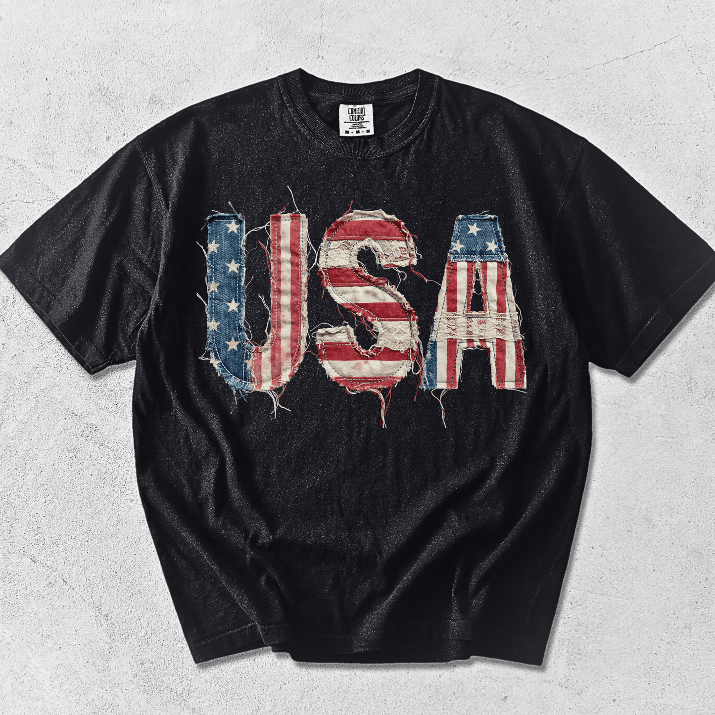 USA Flag Faux Patchwork Print Shirt | 4th of July 2026 Gift | Printed Patch Design NOT Embroidered - MemorablyMade