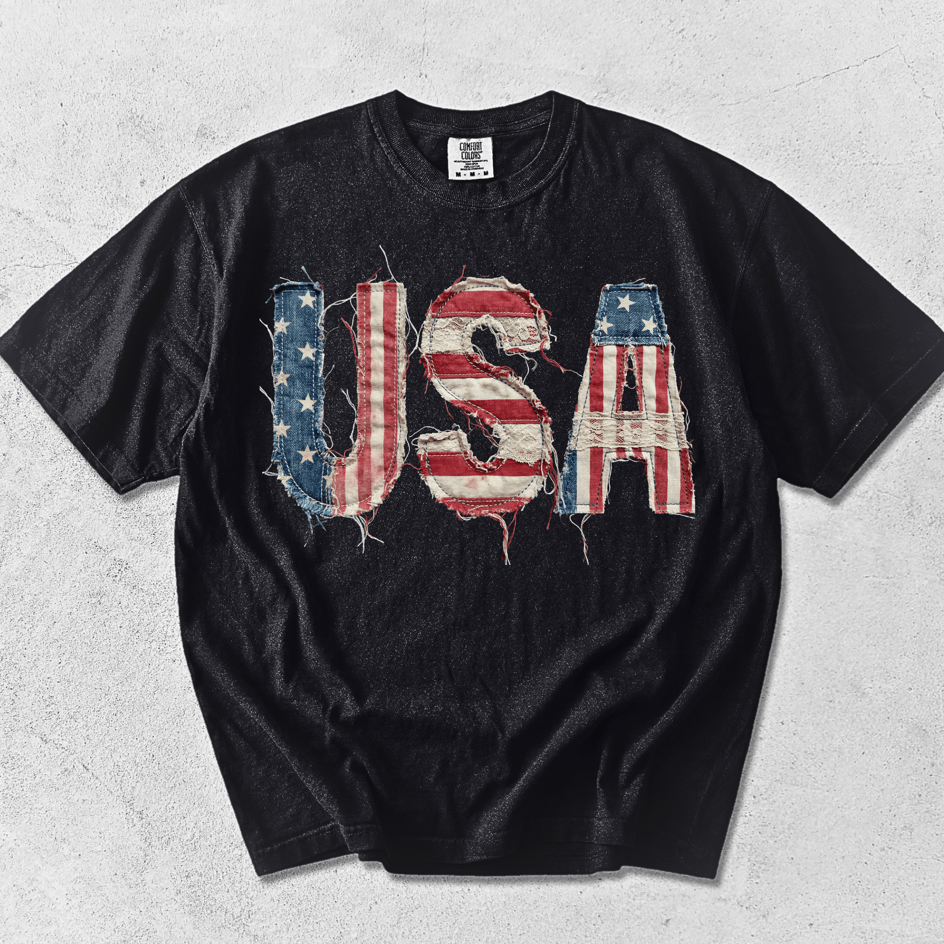 USA Flag Faux Patchwork Print Shirt | 4th of July 2026 Gift | Printed Patch Design NOT Embroidered - MemorablyMade