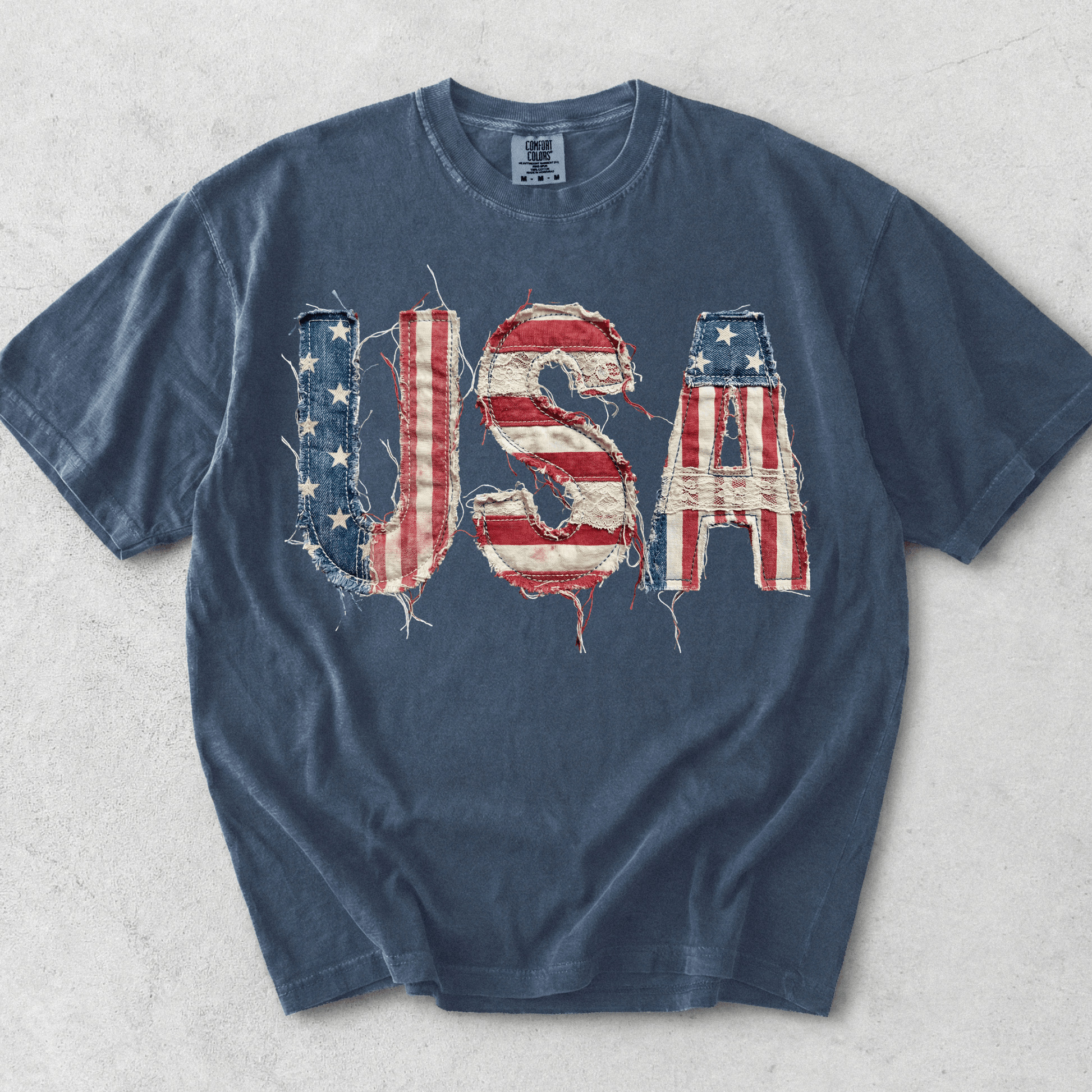 USA Flag Faux Patchwork Print Shirt | 4th of July 2026 Gift | Printed Patch Design NOT Embroidered - MemorablyMade