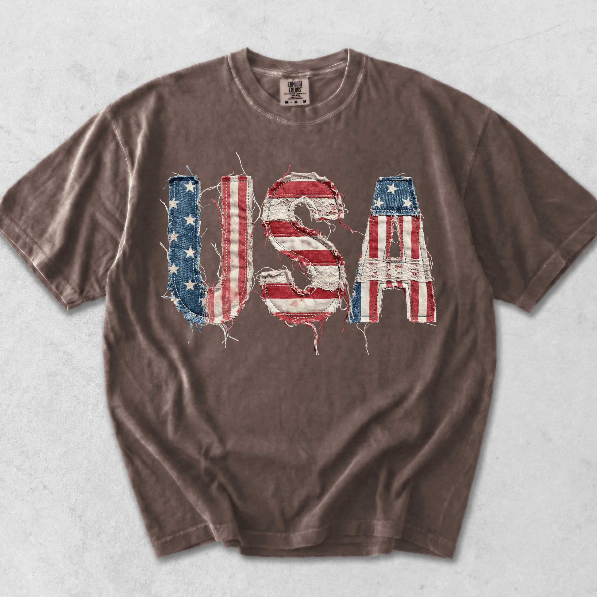 USA Flag Faux Patchwork Print Shirt | 4th of July 2026 Gift | Printed Patch Design NOT Embroidered - MemorablyMade
