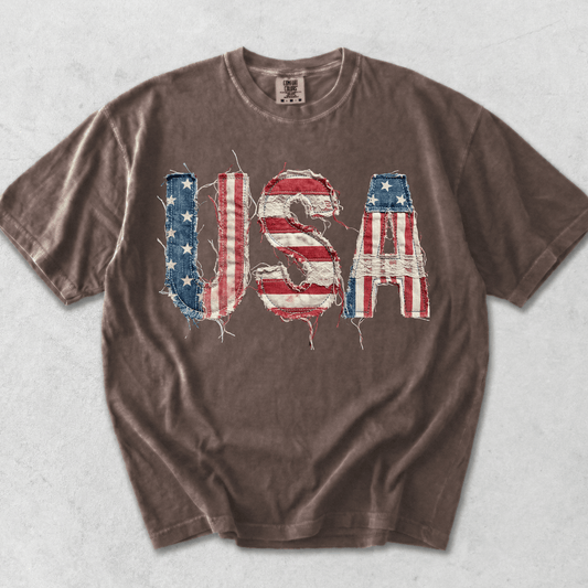 USA Flag Faux Patchwork Print Shirt | 4th of July 2026 Gift | Printed Patch Design NOT Embroidered - MemorablyMade