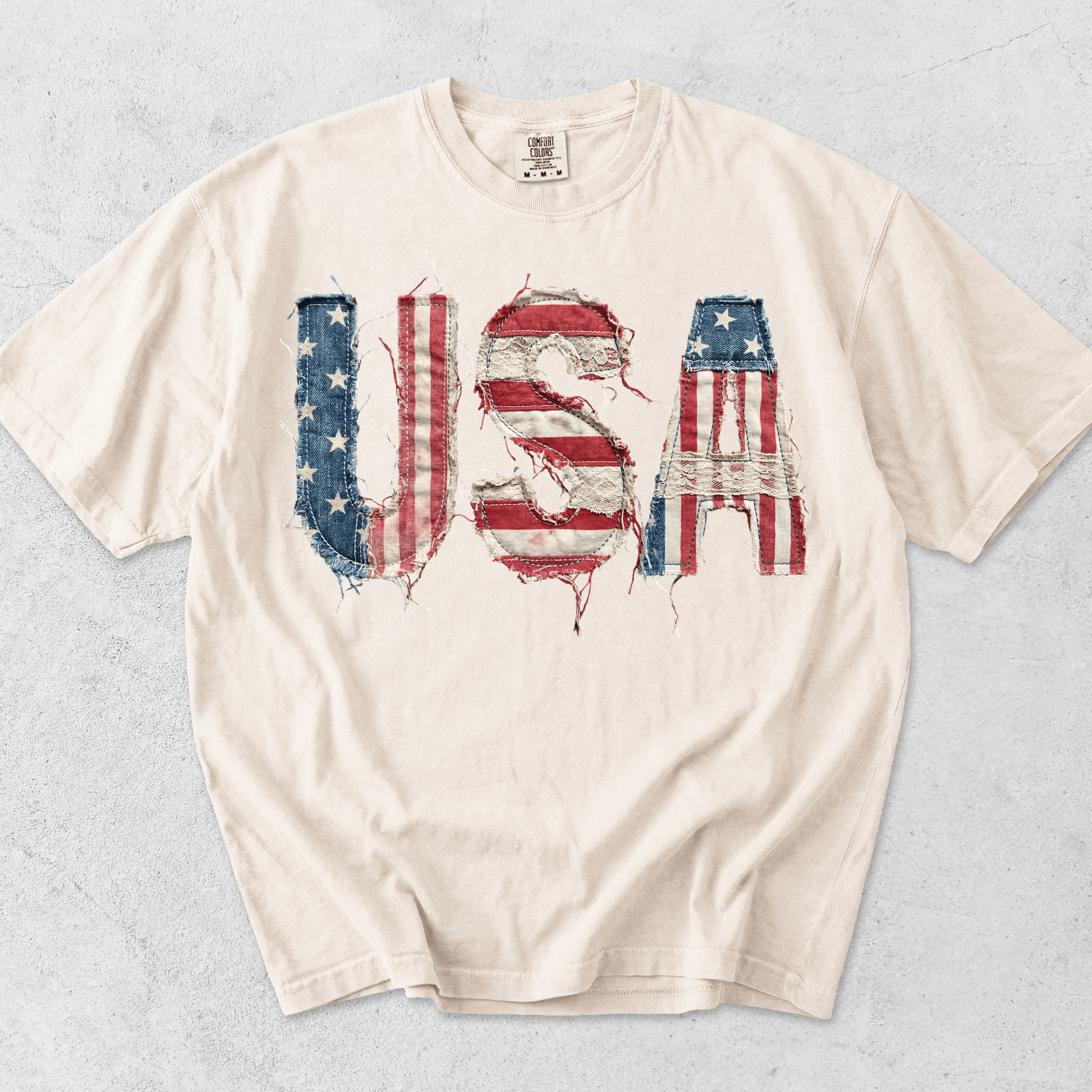 USA Flag Faux Patchwork Print Shirt | 4th of July 2026 Gift | Printed Patch Design NOT Embroidered - MemorablyMade